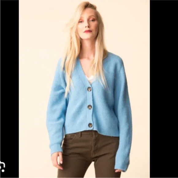 24 Colours Blue Cotton Ribbed Cropped V-neck Cardigan - Picture 2 of 8